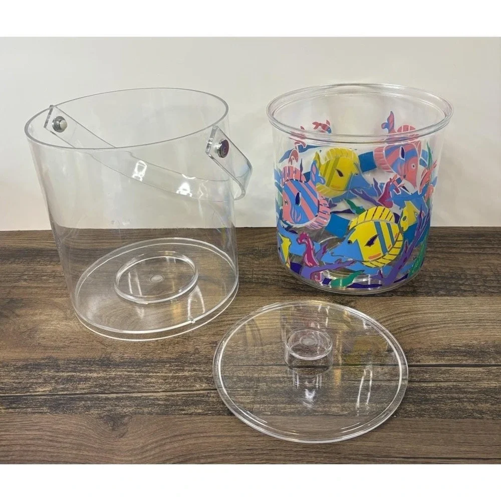 Vintage Lucite Acrylic Ocean Fish Themed Colorful Ice Bucket Tropical Pool Beach